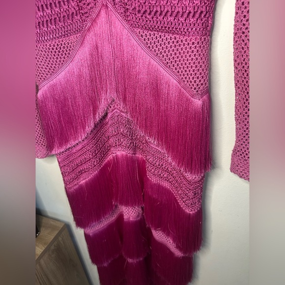 NWT PATBO fuchsia fringe crochet long sleeve dress Cerise pink small | 4 - Picture 10 of 14